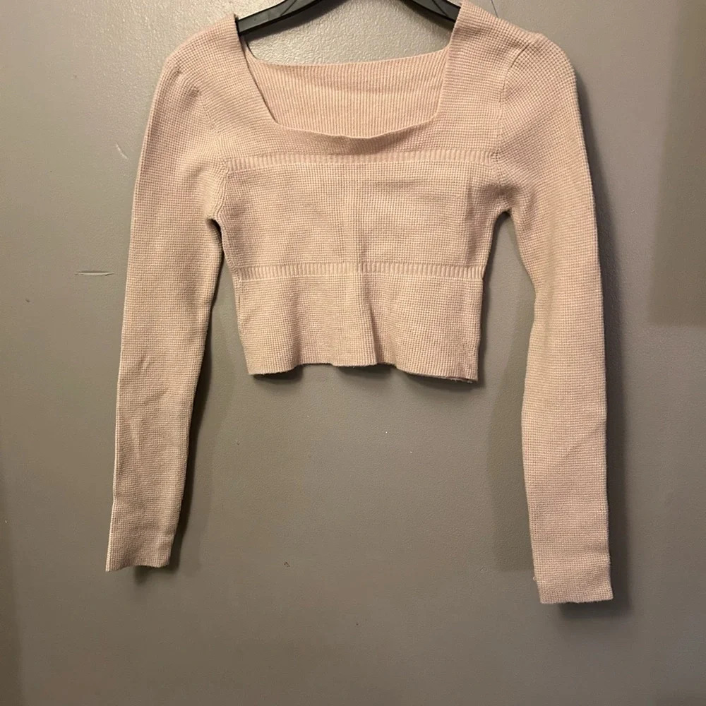 SHEIN shirt - beige waffle knit square neck long sleeve cropped top